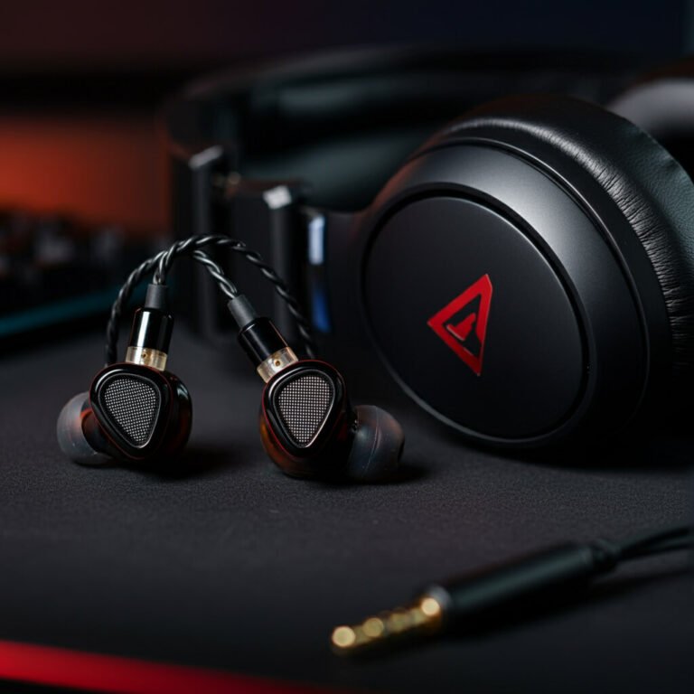 iems and headphones standing on black desk
